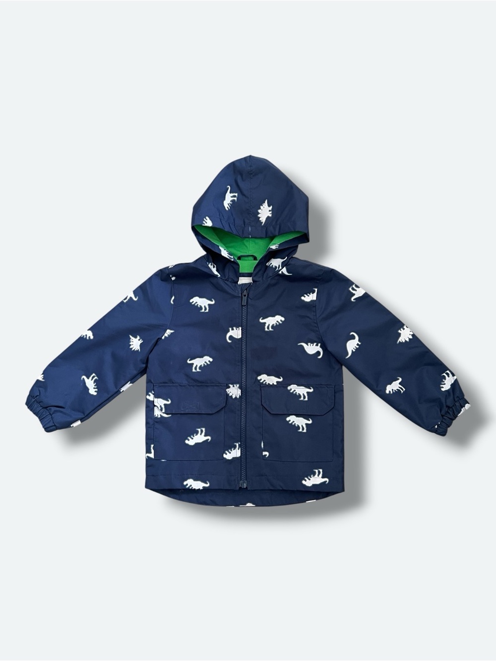 Carter’s Boys 3T Dinosaur Print Hooded Rain Jacket Navy Blue Green Lightweight
